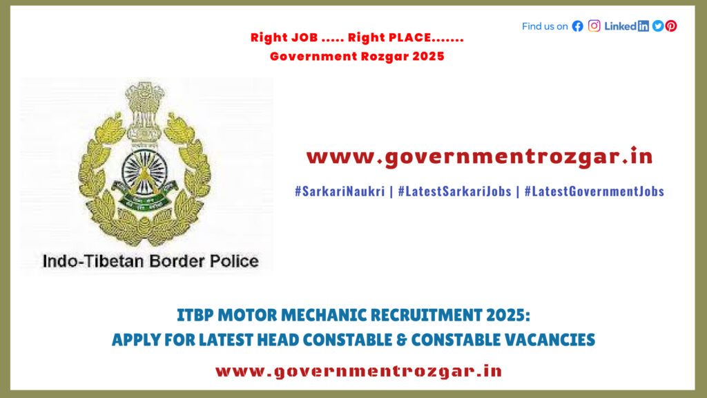 ITBP Motor Mechanic Recruitment 2025: Apply for Latest Head Constable & Constable Vacancies